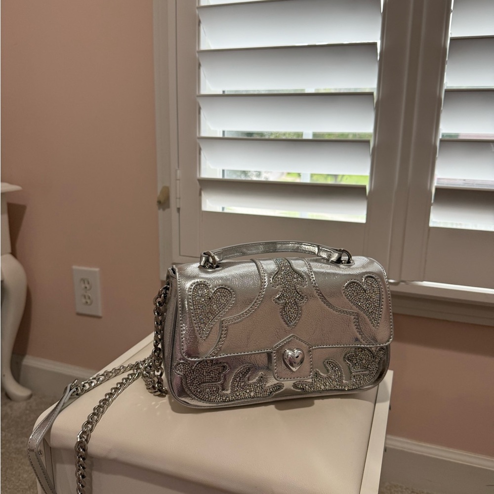 Betsey Johnson Silver Crossbody Bag with Heart Accents